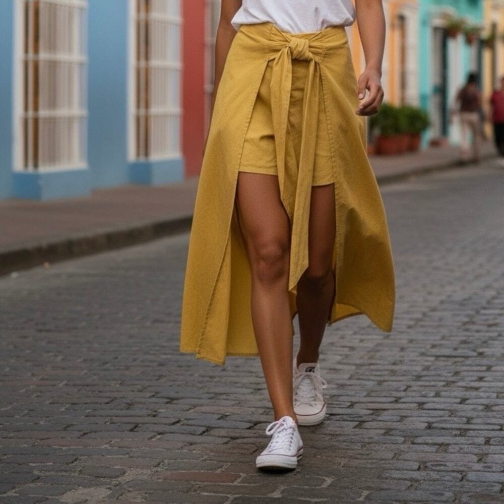 Free People Peek a Boo Split Midi Skirt with shorts under Mustard color size Med